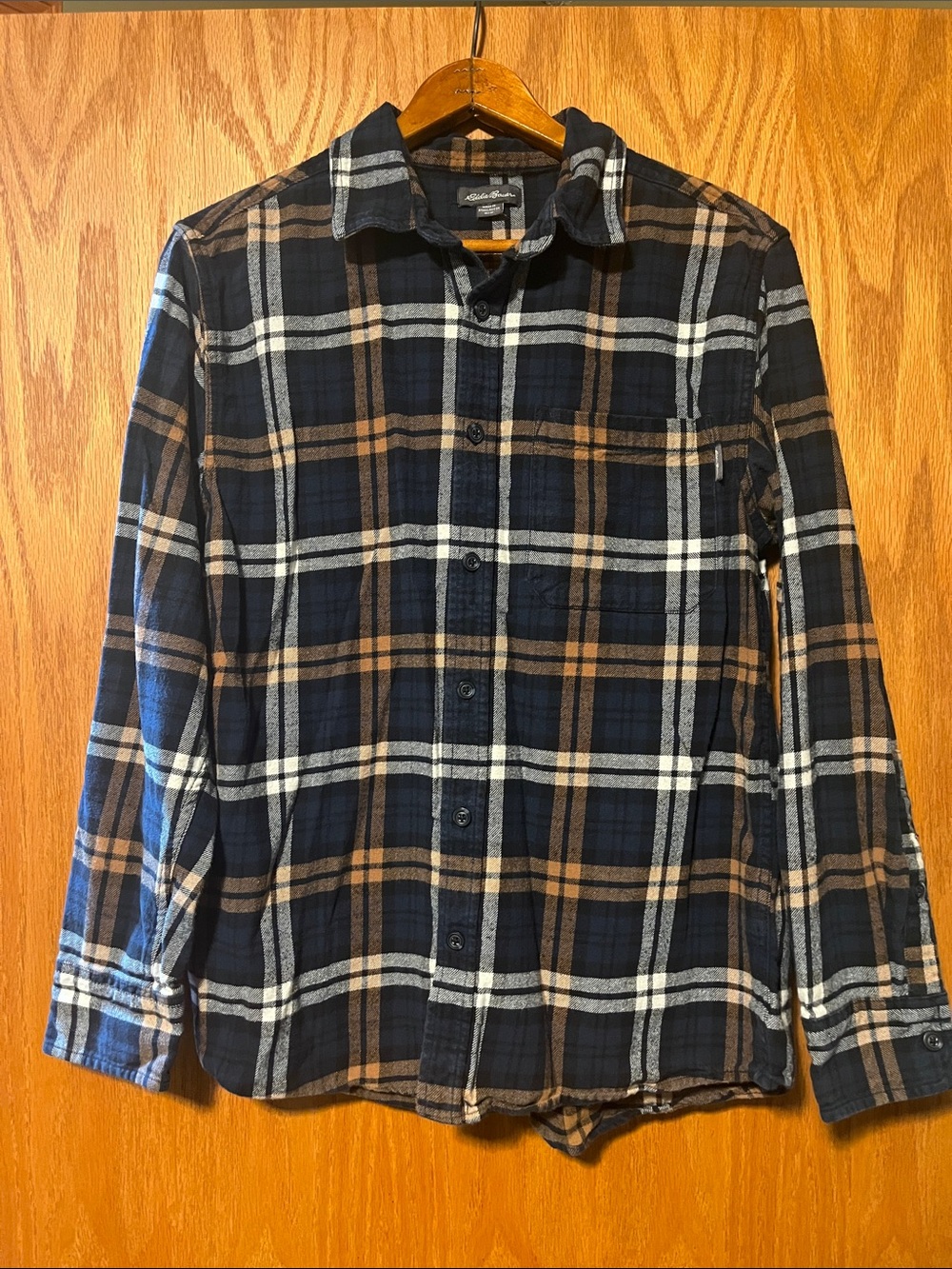 Eddie Bauer Navy, Brown and White Plaid Button-Down Shirt